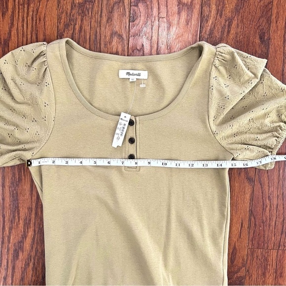 Madewell Olive Green Eyelet Sleeve Henley Short Sleeve Top Size Extra Small NWT - Picture 13 of 15